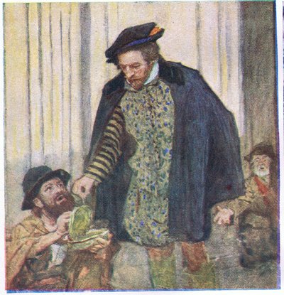 Shakespeare gir en krone til en tigger, fra My Magazine, pub.1922 av William Hatherell