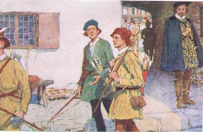 Shakespeare ser en gruppe lærlinger med pil og bue som går til bueskytingsplassen på Moorfields, fra My Magazine, pub.1922 av William Hatherell