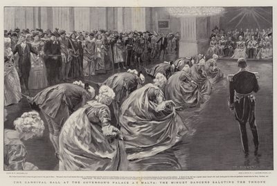 Karnevalsballet ved guvernørens palass på Malta, menuettdanserne som hilser tronen av William Hatherell