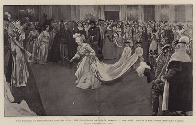 Hertuginnen av Devonshires kostymeball, prosesjonen av gjester som bøyer seg for Royal Group i White and Gold Saloon, 1897 av William Hatherell