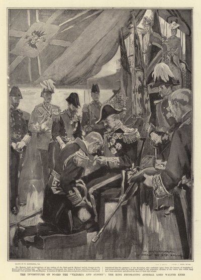 Investituren om bord på Victoria og Albert, kongen som dekorerte admiral Lord Walter Kerr av William Hatherell