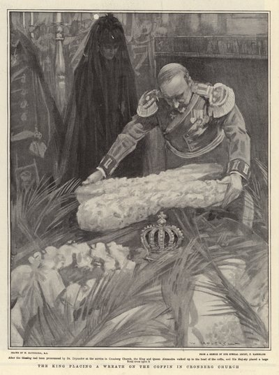 Kongen legger en krans på kisten i Cronberg kirke av William Hatherell