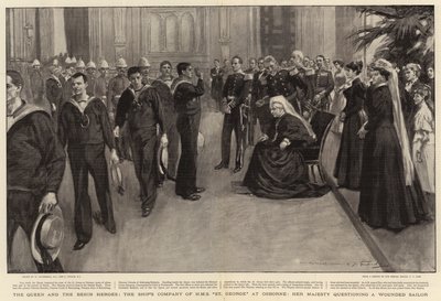 Dronningen og Benin-heltene, skipsselskapet til H M S St George i Osborne, Hennes Majestet avhører en såret sjømann av William Hatherell