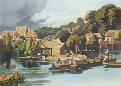 Wallingford Castle i 1810 Under broreparasjoner, gravert av Robert Havell den yngre (1793-1878) utgitt 1818 (akvatint) av William Havell