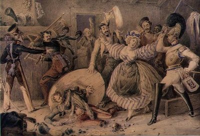 A Brawl in an Inn, ca. 1830 (akvarell over blyant forsterket med gouache på papir) av William Heath