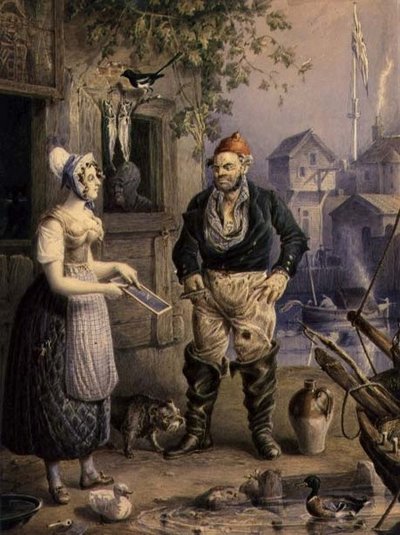 A Fisherman and a Maid, ca. 1830 (akvarell over blyant forsterket med gouache på papir) av William Heath