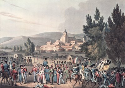 Slaget ved Vittoria, 1813, Bringing in the Prisoners, etset av I. Clarke, aquatinted av M. DuBourg (aquatint) av William Heath