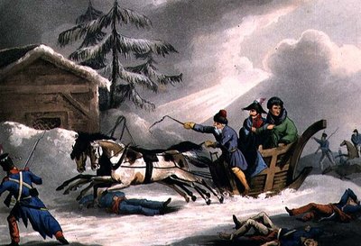 Bonapartes flukt forkledd som grev Vicenza fra Russland, utgitt 1. mars 1814 av William Heath (akvatint) av William Heath
