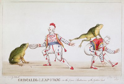 Grimaldis sprangfrosk i den komiske pantomimen av den gyldne fisk, 1812 av William Heath