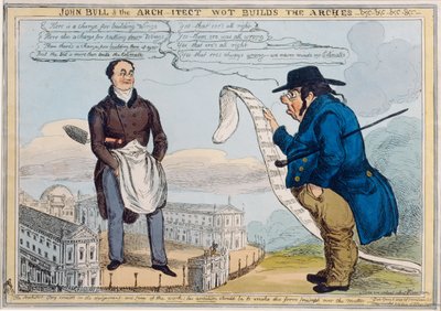 John Bull og erke-itekten wot bygger buene-undc-undc-undc, gravert av Thomas McLean (1788-1875) av William Heath