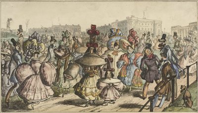 Menn og kvinner i slående antrekk går i en park i en by The Park - 1830 (tittel på objekt) av William Heath
