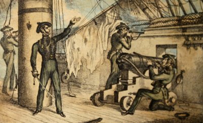 Marineriflemenn i aksjon om bord på et uidentifisert krigsskip, ca. 1835 (håndfarget etsning) av William Heath