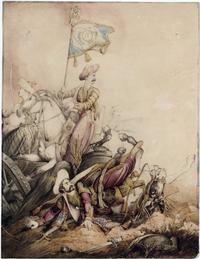 ""Mamluk fanebærer i kamp"" (Mamluk fanebærer i kamp) Akvarell av William Heath (1795-1840) - 1818 Dim 33,5x25,9 cm Privat samling av William Heath