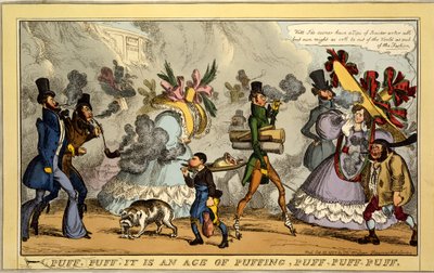 Puff, Puff, det er en tidsalder for puffing, Puff, Puff, Puff, pub. Thos. McLean, London, 1827 (håndfarget gravering) av William Heath