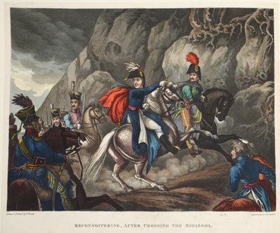 Rekognosering, etter å ha krysset Bidassoa, aquatint av J.C. Stadler, pub. av Tegg, april 1818 (akvatint) av William Heath