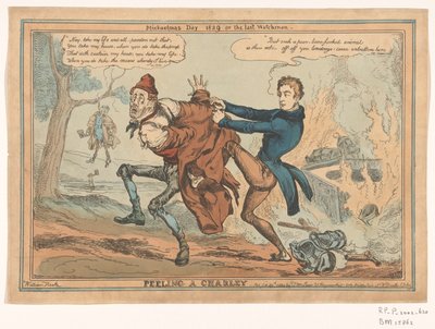 Spotprent av Sir Robert Peel Peeling a Charley / Michaelmas Day 1829 or the last Watchman (tittel på objekt) av William Heath