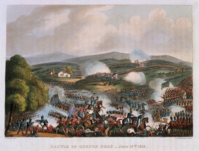 Slaget ved Quatre Bras 16. juni 1815, gravert av Thomas Sutherland, 1815 (farget akvatint) av William Heath