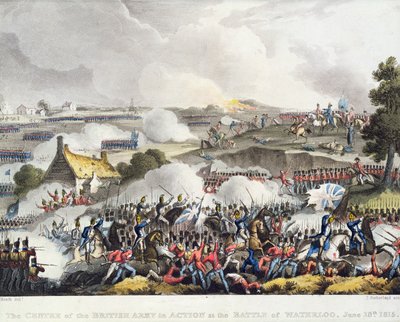 Senteret for den britiske hæren i aksjon i slaget ved Waterloo, 18. juni 1815, gravert av Sutherland av William Heath