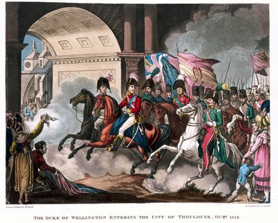 Hertugen av Wellington (1769-1852) på vei inn i byen Toulouse i 1814, illustrasjon til et narrativt dikt av Dr. Syntax, utgitt 1818 (farget akvatint) av William Heath