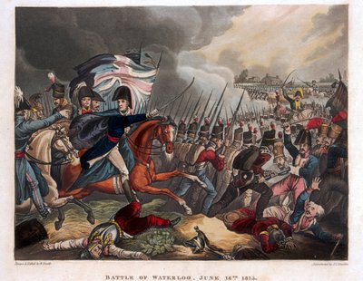 The Duke of Wellington (1769-1852) med tropper som rykker frem i slaget ved Waterloo, illustrasjon fra et narrativt dikt av Dr. Syntax, 1818 (farget akvatint) av William Heath