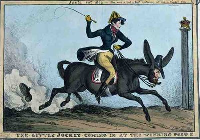 "The Little Jockey Coming in at the Winning Post!!!", ca. 1831 (farget etsning) av William Heath