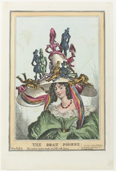 Kvinne med stor hatt som mannsfigurer sitter på The Beau Monde (tittel på objekt) av William Heath