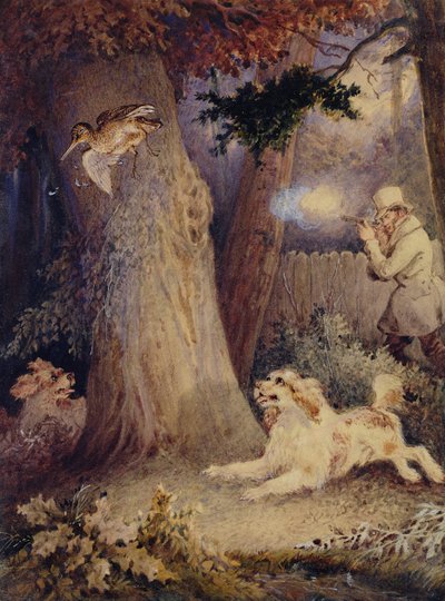 Woodcock Shooting (wc og kroppsfarge på papir) av William Heath