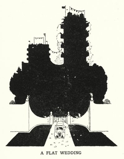 Et flatt bryllup (litho) av William Heath Robinson
