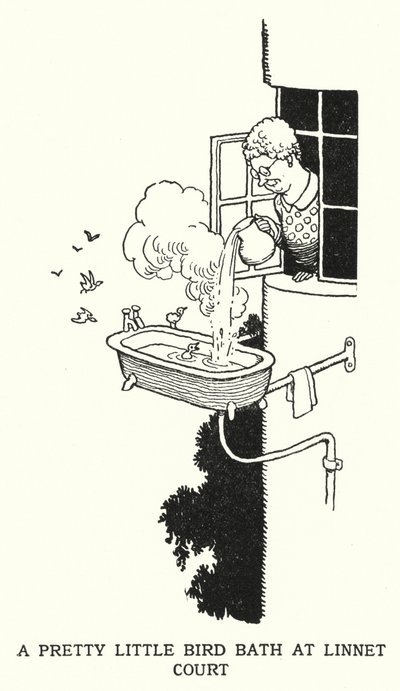 Et ganske lite fuglebad ved Linnet Court (litho) av William Heath Robinson