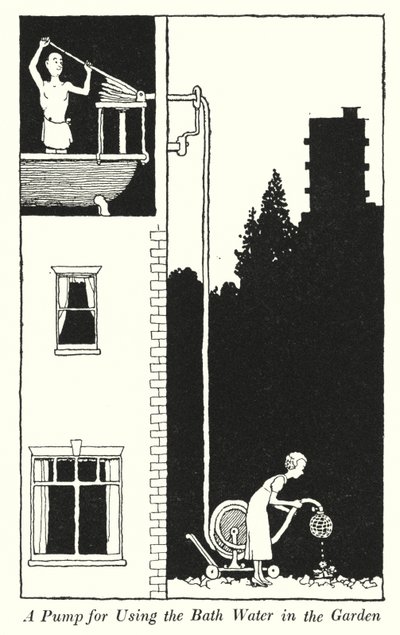 En pumpe for bruk av badevannet i hagen (litho) av William Heath Robinson
