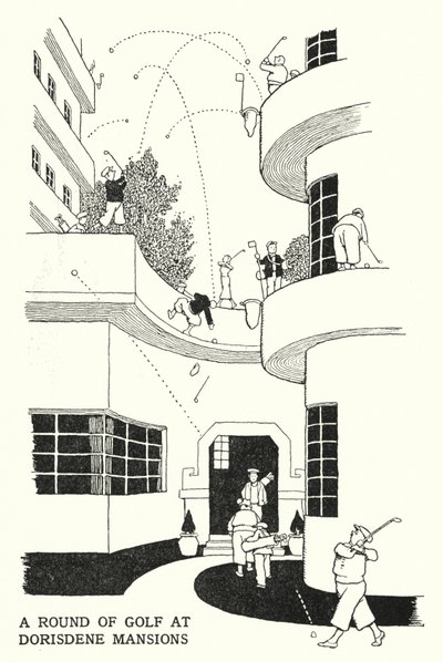 En runde golf på Dorisdene Mansions (litho) av William Heath Robinson