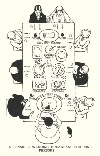 En fornuftig bryllupsfrokost for ni personer (litho) av William Heath Robinson