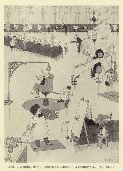 En travel morgen i det overdådige studioet til en fasjonabel hårkunstner av William Heath Robinson