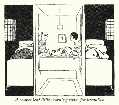 Et praktisk lite morgenrom for frokost (litho) av William Heath Robinson