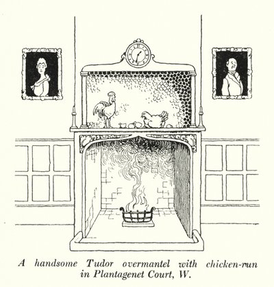 En kjekk Tudor-overmantel med hønsegård i Plantagenet Court, W (litho) av William Heath Robinson