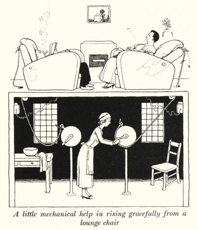 Litt mekanisk hjelp til å reise seg elegant fra en lenestol (litho) av William Heath Robinson
