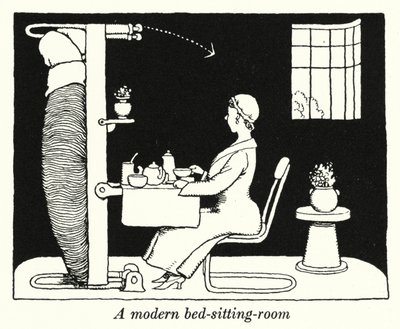 En moderne seng-stue (litho) av William Heath Robinson