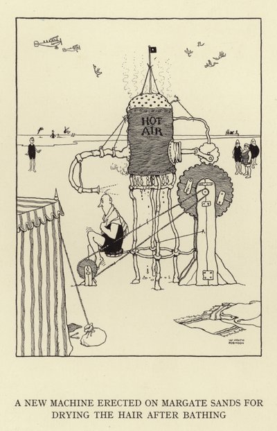En ny maskin reist på Margate Sands for tørking av håret etter bading av William Heath Robinson