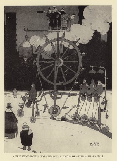 En ny snøplog for rydding av gangsti etter et kraftig fall av William Heath Robinson