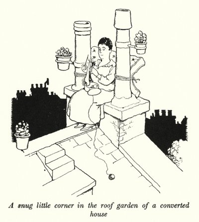 Et koselig lite hjørne i takhagen til et ombygd hus (litho) av William Heath Robinson