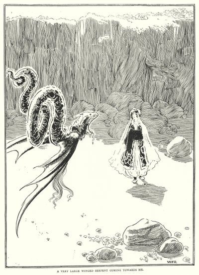 En veldig stor bevinget slange som kommer mot meg (gravering) av William Heath Robinson