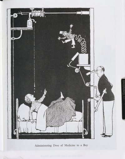 Administrere medisindose til en gutt, illustrasjon fra "Inventions" av William Heath Robinson