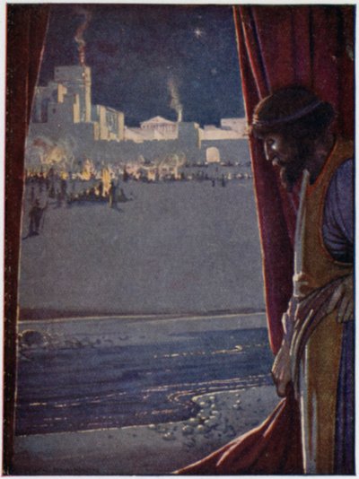 Agamemnon hørte lyden av pipe og fløyte og latter fra menn mens trojanerne festet og gledet seg (farge litho) av William Heath Robinson