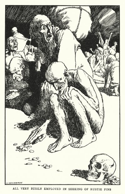 Alle veldig opptatt med å lete etter rustne pinner (litho) av William Heath Robinson