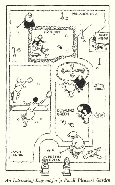En interessant layout for en liten lysthage (litho) av William Heath Robinson