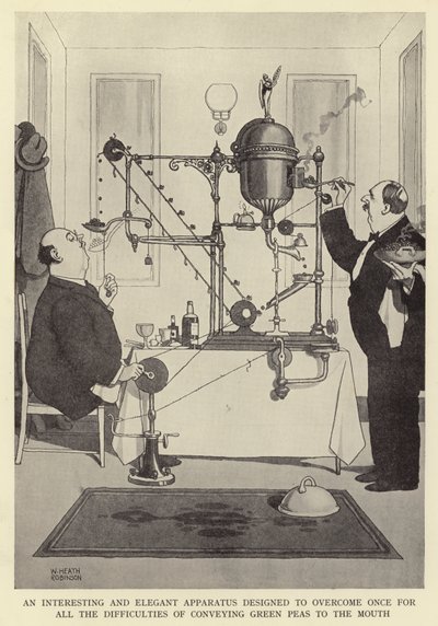 Et interessant og elegant apparat designet for en gang for alle å overvinne vanskelighetene med å formidle grønne erter til munnen av William Heath Robinson