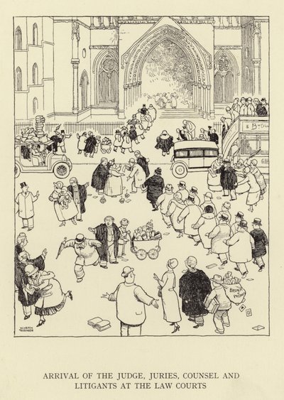 Ankomst av dommer, juryer, advokater og saksøkere til domstolene av William Heath Robinson