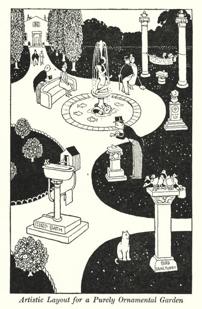 Kunstnerisk oppsett for en rent prydhage (litho) av William Heath Robinson