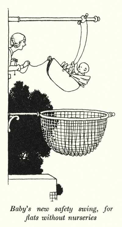 Babys nye sikkerhetshuske, for leiligheter uten barnehager (litho) av William Heath Robinson