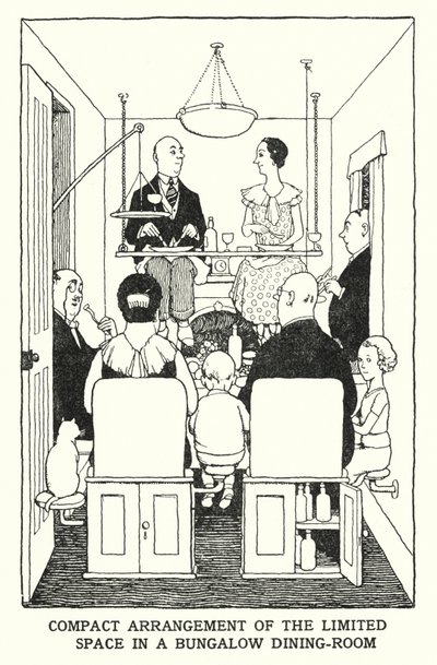 Kompakt arrangement av begrenset plass i en bungalow-spisestue (litho) av William Heath Robinson